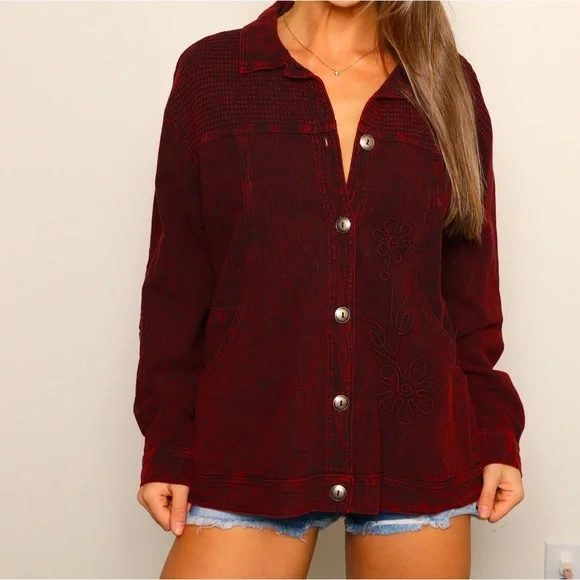 Vintage Red Black Wash 3D Floral Detail Full Button Jacket - Picture 3 of 4